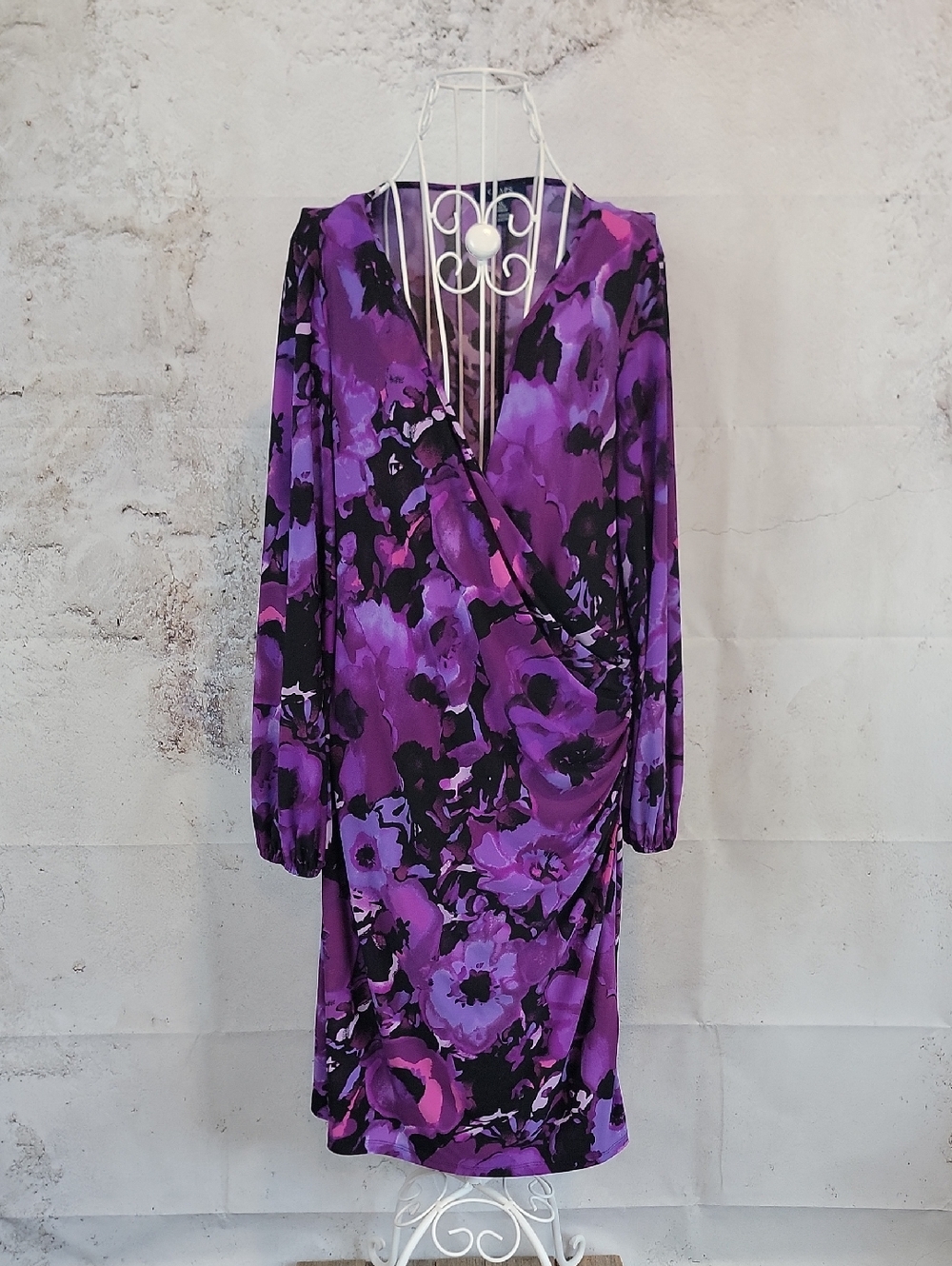 Chaps Purple Floral Faux Wrap Dress Womens Size XL